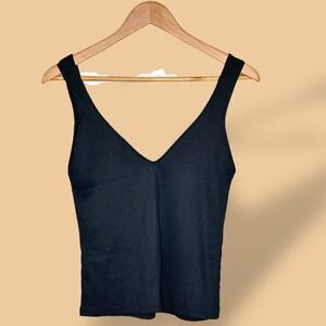 Zara Ribbed Knit‎ Tank Top V-Neck Sleeveless Casual Black Minimalist Size Small
